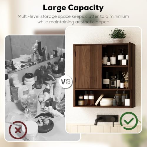 RUSTOWN Wall Mounted Bathroom Cabinets with Rounded Edges & Curved Handles | Adjustable Shelf, 3-Tier Over The Toilet Storage Cabinets, Modern Medicine Cabinet for Laundry Kitchen Living Room - color: Dark Walnut