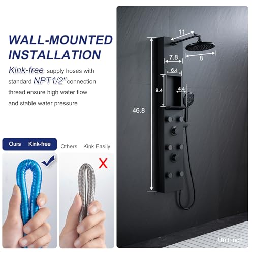 ROVATE Shower Panel Tower System with Shelf & 6 Body Jets, Matte Black | Stainless Steel Shower Column with Height Adjustable Shower Arm, Self-Cleaning Rainfall Shower & Handheld, Mixing Valve Body - color: Matte Black