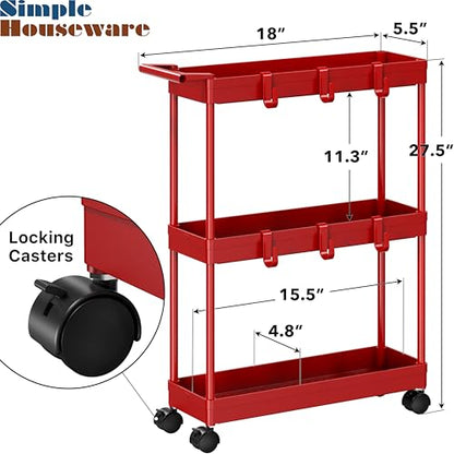 Simple Houseware 3-Tier Slim Rolling Cart w/Handle 5.5" Wx27.5 H, Red | Storage Cart for Narrow Space (5.5-Inch Wide) Kitchen, Bathroom, Laundry Room - color: Red
