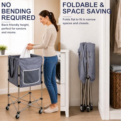 Laundry Basket with Wheels, 35.9" No-Bend Rolling Hamper, Grey | 600D washable bag, steel frame, foldable design, bathroom, dorm, bedroom, laundry room - color: Grey