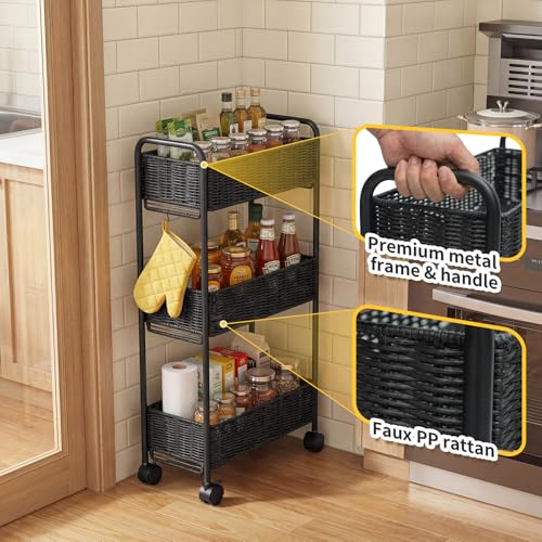 Utility Slim Storage Cart,3-Tier Rolling Kitchen Office Laundry Room Cart,Mobile Shelving Unit Organizer for Living Room Bathroom Baby Diaper Narrow Places (Black, 3 Tiers-7.1 inch (W)) - color: Black