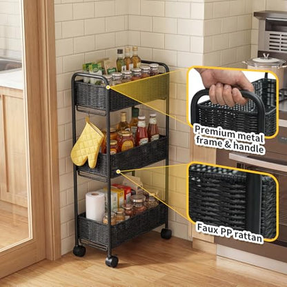 Utility Slim Storage Cart,3-Tier Rolling Kitchen Office Laundry Room Cart,Mobile Shelving Unit Organizer for Living Room Bathroom Baby Diaper Narrow Places (Black, 3 Tiers-7.1 inch (W)) - color: Black