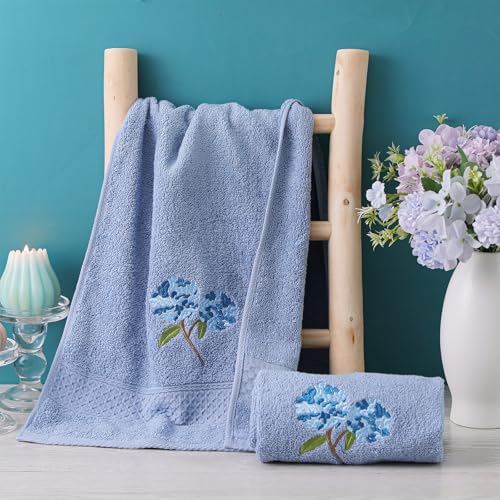 SmoothNovelty 2 Pcs Hydrangea Hand Towels Blue Hydrangea Floral Bathroom Decor 14x29 Inch Embroidered 100% Cotton Soft Absorbent Spring Summer Decorative Flowers Hand Towels for Bathroom Kitchen - style: Hydrangea Floral