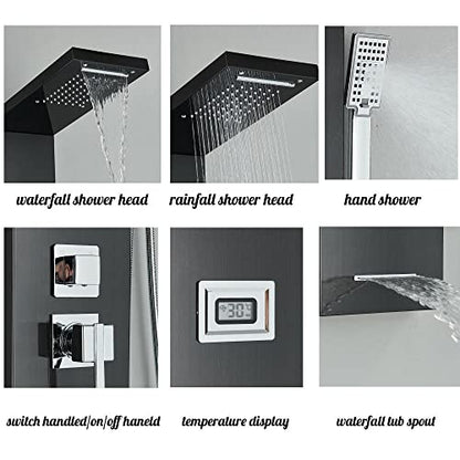 Black Shower Panel Tower Massage Body Jets System Rain Waterfall Mixer Hand Shower