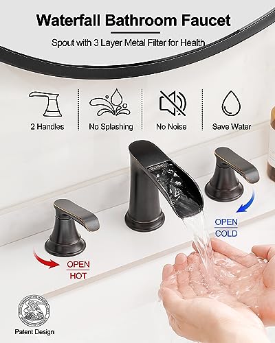 Oil Rubbed Bronze Bathroom Sink Faucet, 8 Inch Widespread, 2 Handles, 3 Hole, Waterfall Design, Ceramic Valve Core, Lifetime Limited Warranty - color: Oil Rubbed Bronze