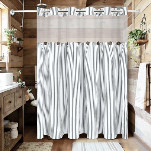 ASPMIZ Farmhouse Striped Shower Curtain and Liner Set No Hook, Grey 71x74 | No Hook Shower Curtain with Snap in Liner Fabric, Rustic Washable Waterproof Bathroom Curtains with Button, Mesh Top Window - color: Grey Striped, size: 71"W x 74"L (Pack of 1), s