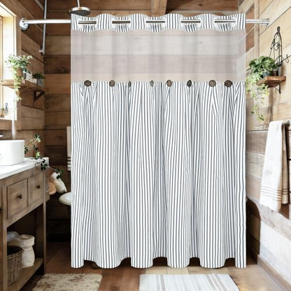 ASPMIZ Farmhouse Striped Shower Curtain and Liner Set No Hook, Grey 71x86 | No Hook Shower Curtain with Snap in Liner Fabric, Rustic Washable Waterproof Bathroom Curtains with Button, Mesh Top Window - color: Grey Striped, size: 71"W x 86"L (Pack of 1), s