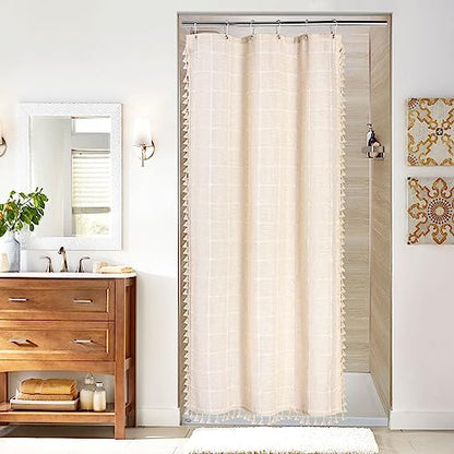 Boho Farmhouse Classic Plaid Linen Tassel Shower Curtain Cream,36x72 | Small Stall Half Size,310GSM Linen Blend Heavy Duty Cloth,3-side Tassels,Wrinkle Resistant,Rustic Bohemian Country design - color: Cream, size: 36"W x 72"L (Pack of 1)