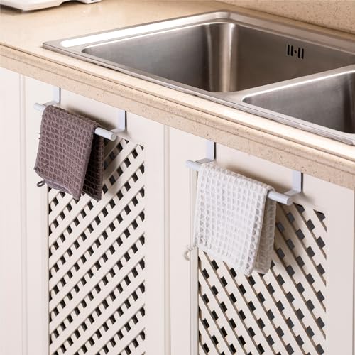 Cabinet Door Towel Bar, Kitchen Towel Holder, White 2 Pack | Extended Anti-Slip Arm, EVA Scratch Guard Pads, No-Drill Install, Stainless Steel Dish Towel Holder, Kitchen Towel Rack - color: White