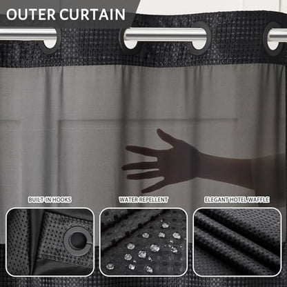 Furlinic No Hook Waffle Weave Shower Curtain with Snap in Liner Set,Heavy Duty Fabric Textured Bathroom Curtain with Sheer Window,Waterproof & Machine Washable,Black,Stall Size 54x80 Inch - color: Black, size: 54"W x 80"L (Pack of 1)