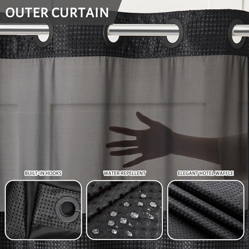 Furlinic No Hook Waffle Weave Shower Curtain with Snap in Liner Set,Heavy Duty Fabric Textured Bathroom Curtain with Sheer Window,Waterproof & Machine Washable,Black,Stall Size 36x72 Inch - color: Black, size: 36"W x 72"L (Pack of 1)