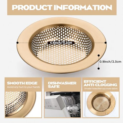 2 Pcs Sink Strainer Stainless Steel Kitchen Sink Drain Strainer Basket Cover Mesh Hair Food Catcher, Large Wide Rim of 4.4 Diameter (Champagne Bronze) - color: Champagne Bronze