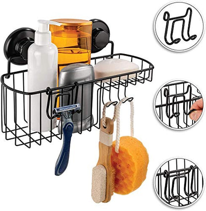 HASKO Shower Caddy Suction Cup, Shower Shelf with Soap Dish and Hooks Organizer, Suction Bathroom Shelf for Storage, Wall Mounted Basket, Black - color: Black (1 Pack)