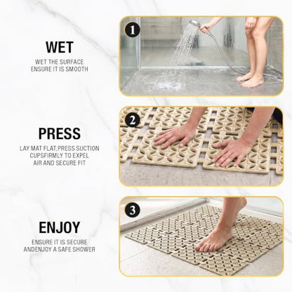 HITSLAM Shower Mat Anti Slip, 24x24 Inch Cut to Fit No Odor Soft TPE Shower Stall Mat, Square Bath Mat with Suction Cups and Drain Holes, Soft on Feet, Khaki - color: Khaki