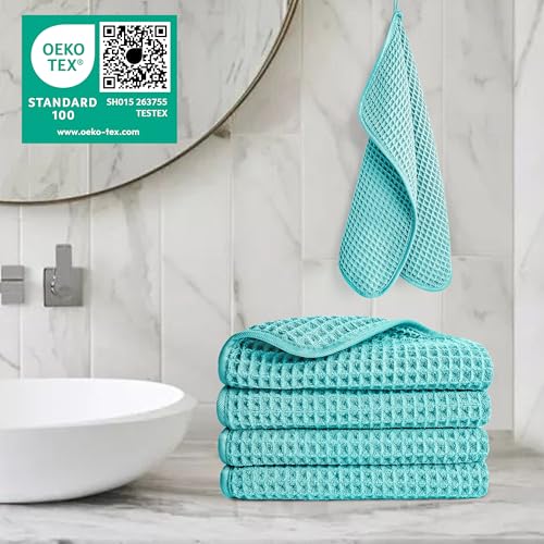 POLYTE 430 GSM Microfiber Lint Free Washcloth Face Towel, 13 x 13 in, 4 Pack (Waffle Weave) - color: Aqua