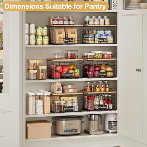 2-Pack Stackable Wire Baskets with 2 Pads & Bamboo Top, Pantry Organizer | Potato and Onion Storage Bin with Labels, Organize Produce/Fruit/Vegetable on Kitchen Counter, Cabinet or Under Sink, XL - size: XL-17.28x13.15x8.43