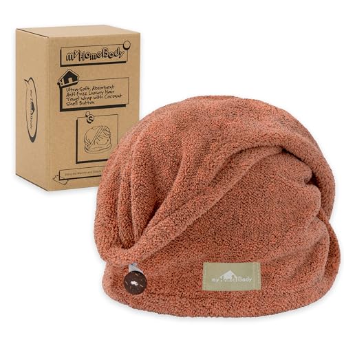 myHomeBody Hair Towel Wrap, Quick Drying Turban, Absorbent Cap – Cinnamon | Hair Turban Towel for wet hair, Ultra Soft Charcoal Fiber Cap, Towel Head Wrap for bathing with Coconut Shell Button - color: Cinnamon