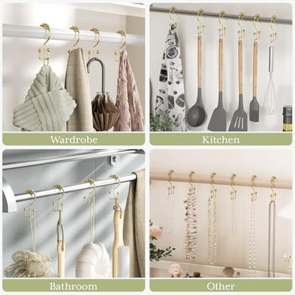 Gold Shower Curtain Hooks Rings, Stainless Steel Shower Curtain Rings, 12Pcs Double Glide Shower Hooks for Bathroom Shower Curtain Rods Dual Rust-Resistant Shower Rings - color: Polished Golden, style: Double Hooks