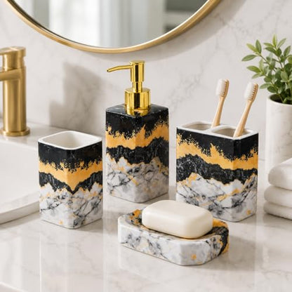 4 Piece Bathroom Accessories Set - Black and White Includes Lotion Dispenser, Toothbrush Holder Tumbler, and Soap Dish - Glossy Finish (Marble, Black, and White) - color: Black, and White