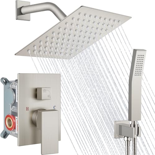Midanya Shower Faucet Set with Handheld Sprayer,8 Inch,Brushed Nickel | Rough-in Shower Valve and Trim Kit Included,Square Rain Head,Wall Mount Shower System,All Metal,Bathroom - color: Nickel, size: 8 Inch