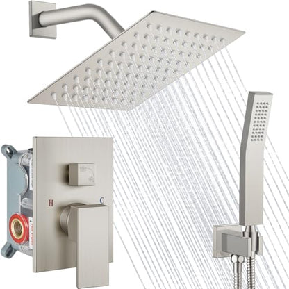 Midanya Shower Faucet Set with Handheld Sprayer,8 Inch,Brushed Nickel | Rough-in Shower Valve and Trim Kit Included,Square Rain Head,Wall Mount Shower System,All Metal,Bathroom - color: Nickel, size: 8 Inch