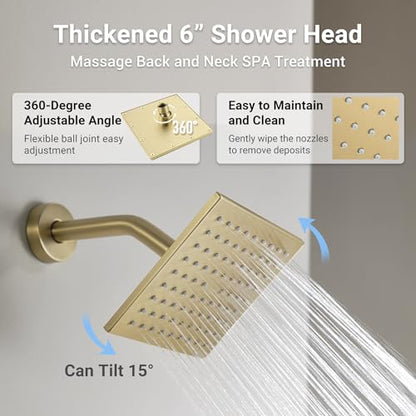 Dasan Brushed Gold Dual Shower Heads System with Ceiling 12-Inch Rainfall Shower & Wall Mount 6-Inch High Pressure Shower Head, Full Body Dual Shower Head Set - color: Brushed Gold