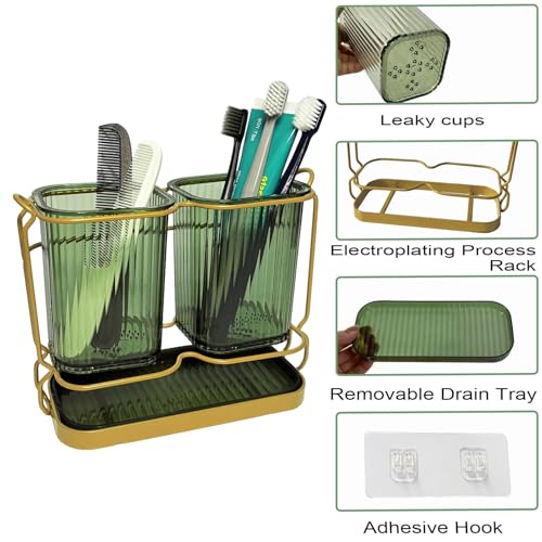 Green Toothbrush Holders for Bathrooms, 2 Cups Toothbrush Holders Wall Mounted, Bathroom Organizers and Storage, Bathroom Toothbrush Holder Set for Toothpaste Razors Toothbrush