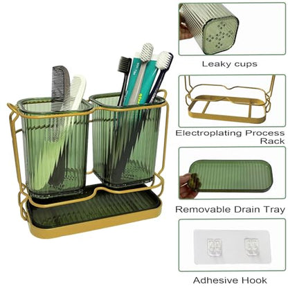 Green Toothbrush Holders for Bathrooms, 2 Cups Toothbrush Holders Wall Mounted, Bathroom Organizers and Storage, Bathroom Toothbrush Holder Set for Toothpaste Razors Toothbrush