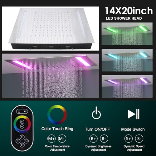 HOMEDEC Multi-Function Shower System with 14x20inch LED and Dual 6inch Shower Heads, 5 Way Valve Ceiling Mount Shower Faucet Set, Brushed Nickel - color: Brushed Nickel, style: 5-Way + 2x 6" Top