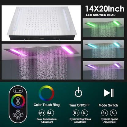 HOMEDEC Multi-Function Shower System with 14x20inch LED and Dual 6inch Shower Heads, 5 Way Valve Ceiling Mount Shower Faucet Set, Brushed Nickel - color: Brushed Nickel, style: 5-Way + 2x 6" Top
