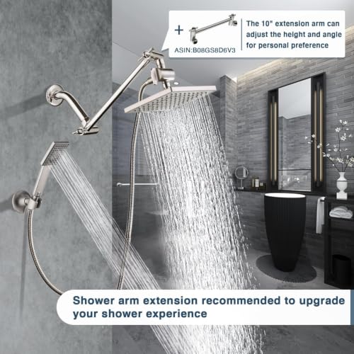 BRIGHT SHOWERS Rain Shower Head with Handheld Spray, 8 Inch Rainfall Shower Head Combo with 60" Hose, Adjustable Dual Square Showerhead Set with 3-Way Diverter, Wall Bracket, Brushed Nickel - color: Brushed Nickel, style: Dual Shower Head