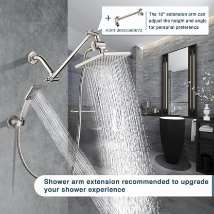 BRIGHT SHOWERS Rain Shower Head with Handheld Spray, 8 Inch Rainfall Shower Head Combo with 60" Hose, Adjustable Dual Square Showerhead Set with 3-Way Diverter, Wall Bracket, Brushed Nickel - color: Brushed Nickel, style: Dual Shower Head