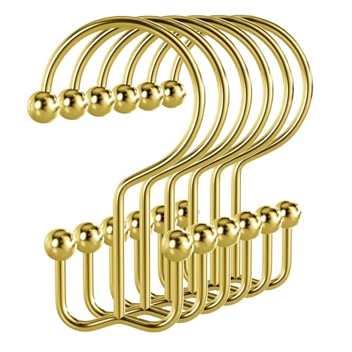 Bathway Shower Curtain Hooks Gold Shower Curtain Rings, 12 Pcs Double Hook Shower Curtain Hooks Rings Shower Curtain Hangers Rust Proof, Metal Shower Hooks for Bathroom Shower Curtain Rod - color: Gold, style: Minimalist