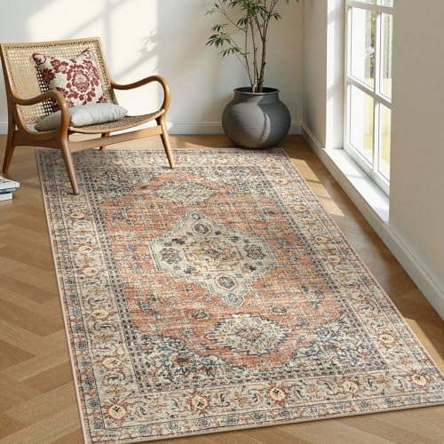 Lahome Oriental Washable Rugs for Living Room, 4x6 Bedroom Area Rug Ultra-Thin Soft Non Slip Stain Resistant Vintage Throw Carpet for ‎Office Dining Room Eleanor, Peach/Orange - color: Terracotta, size: 4' x 6' (Rectangular)