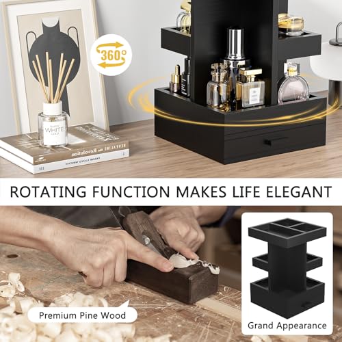 Rotating Cologne Organizer for Men, 3 Tier Wooden Stand with Drawer | 360 Spinning Perfume Holder, Large Capacity Modern Men's Vanity Tray & Dresser Organizer, Sleek Matte Black Wood Construction