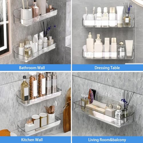 Diesisa Acrylic Wall Mount Organizer, Adhesive Shelves,2Pc Bathroom Shelves | Self Adhesive Shelf, Shower Caddies, No Drilling Hang Wall, Stick on Shelf with 3Pcs Tapes, for Bathroom, Kitchen,Living Room - color: 2pcs-clear