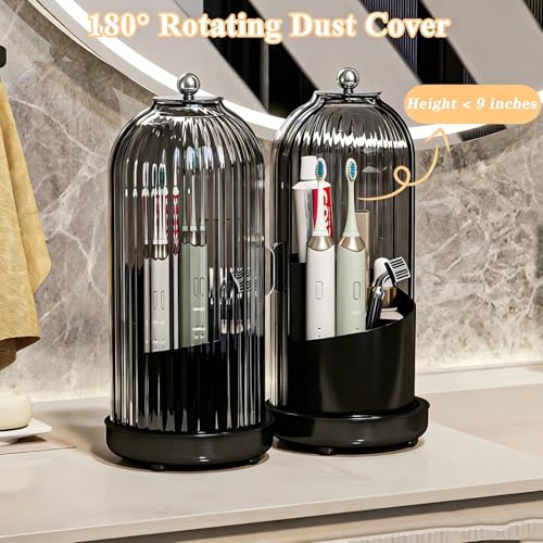 Drainable Toothbrush Toothpaste Holders with Cover, Gray Black | Drainage Holes, Waterproof and Dustproof, 360° Rotating Base, Sliding Door, for Bathroom Counter - color: Gray Black