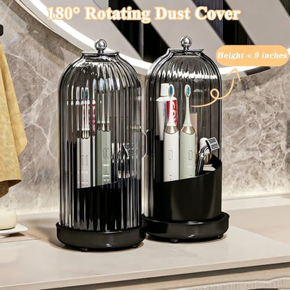Drainable Toothbrush Toothpaste Holders with Cover, Gray Black | Drainage Holes, Waterproof and Dustproof, 360° Rotating Base, Sliding Door, for Bathroom Counter - color: Gray Black