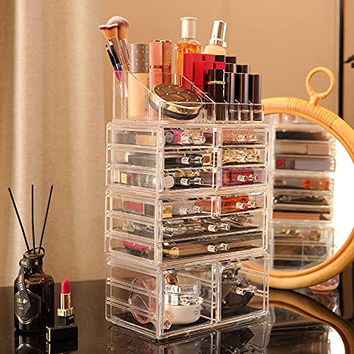 Cq acrylic 4 Pack Clear Makeup Organizer Countertop,Stackable 12 Drawers Skincare Organizer,Cute Skin Care Organizer for Vanity Hair Clip,Jewelry,Beauty Product Desk and Make Up Organizers for Vanity - size: 12 Drawers