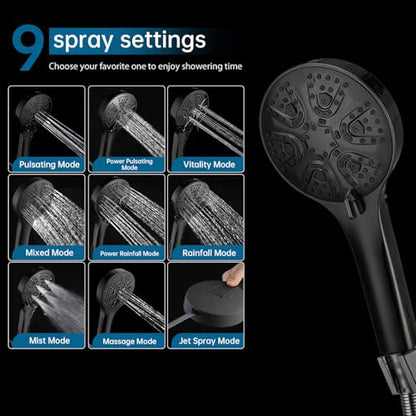 Black Shower Head with Handheld Spray Combo 2 in 1 Rainfall High Pressure with 59" Rotatable Stainless Steel Hose 9 Spray Modes Detachable - color: Black