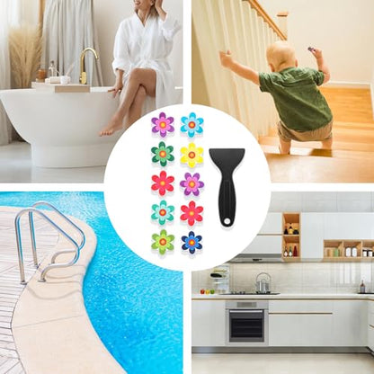 Amabro Colorful Sunflower Anti Slip Bathtub Strips, 10PCS Adhesive Shower Sticker for Bathtub Non-Slip Strip Stickers Anti Skid Tape Flooring Safety Tape Mat with Scraper for Bath Shower | Cute Sunflower Non-Slip Bathtub Strips Self-Adhesive Anti Skid Sho