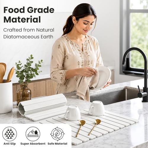 Stone Dish Drying Mat for Kitchen Counter, Large Quick Dry Diatomaceous Earth Stone Drying Mat, Foldable Water Absorbent Dish Drying Mat for Dishes, Cups, Bottles, Kitchen Sink & Countertop (White) - color: White