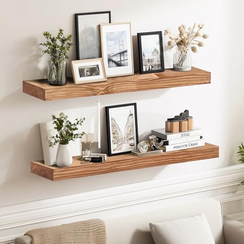 Solid Wood Floating Shelves, 24 Inch Wall Shelves, Set of 2, Oak | 8 Inch Deep, 1.6 Inch Thick, Extra-Wide Display Space, Mounting Hardware Included, For Kitchen, Bathroom and Living Room - color: Oak, size: 24x8x1.6