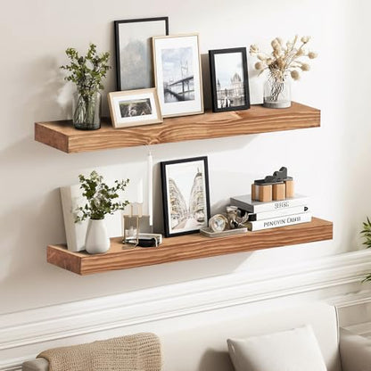 Solid Wood Floating Shelves, 24 Inch Wall Shelves, Set of 2, Oak | 8 Inch Deep, 1.6 Inch Thick, Extra-Wide Display Space, Mounting Hardware Included, For Kitchen, Bathroom and Living Room - color: Oak, size: 24x8x1.6