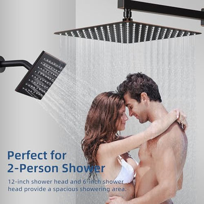 Thermostatic Dual Shower System, Shower Faucet(Oil Rubbed Bronze) | 12 Inch Shower Head, 6 Inch Wall Mount Head, High Pressure Handheld Sprayer, Push Button Valve - color: Oil Rubbed Bronze