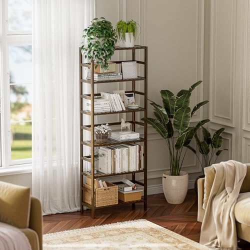 HITNET Bookcase, Bamboo Bookshelf, 6-Tier Adjustable Tall Open Book Shelf, Free Standing Storage Shelves Organizer, Flower Plant Display Stand, Walnut - color: Walnut