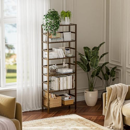 HITNET Bookcase, Bamboo Bookshelf, 6-Tier Adjustable Tall Open Book Shelf, Free Standing Storage Shelves Organizer, Flower Plant Display Stand, Walnut - color: Walnut