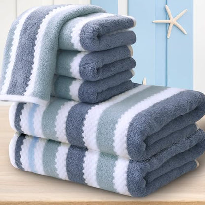 Waffle Towels for Bathroom - Quick Dry | Thick | Lightweight | 500GSM, 2 Large Bath 28"x52", 4 Hand 16"x27", Cotton Polyester Blend Towels, Shower Towel with Hanging Loops, Blue Gray Stripe and White - color: Blue-gray and White, size: 6 PCS Towel Set