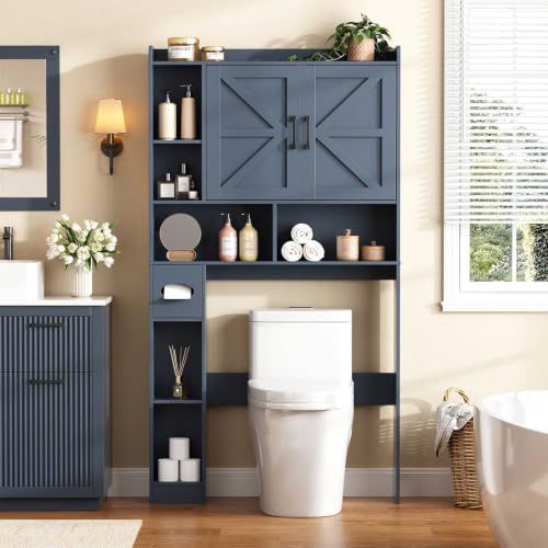 Vabches Over The Toilet Storage Cabinet with 2 Barn Doors, Blue | Farmhouse Storage Cabinet with Toilet Paper Holder Stand，Home Space-Saving Toilet Rack, for Bathroom, Restroom, Laundry - color: Blue, style: 2 Barn Doors