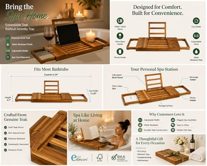 EcoDecors Expandable Teak Bathtub Tray Caddy – Adjustable Wooden Bath Tub Tray with Wine Glass Holder, Book & Tablet Stand, Spa Bath Caddy Organizer, Waterproof Solid Teak Bath Shelf